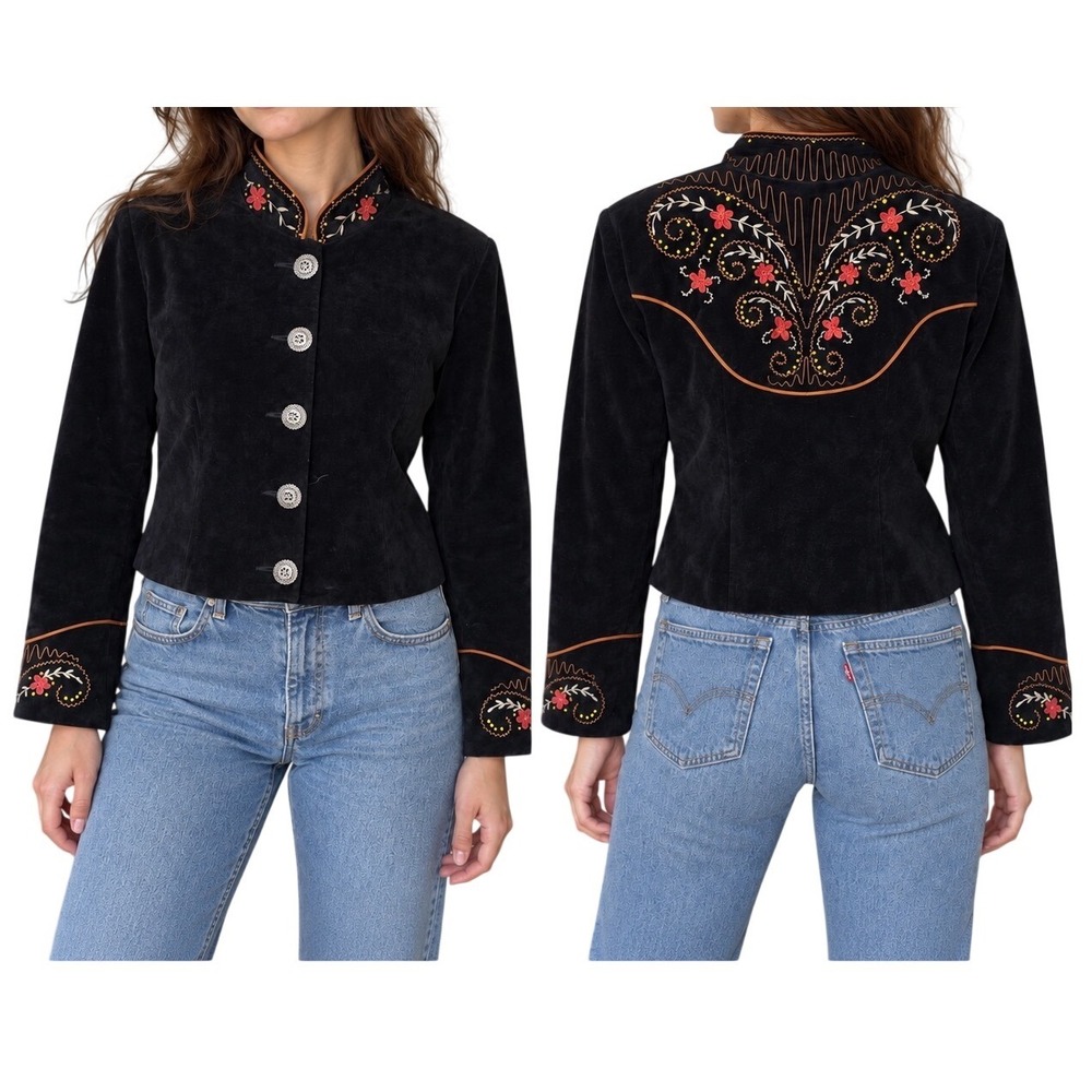 VTG Scully Western Black Suede Embroidered Floral Leather Jacket 10 rodeo